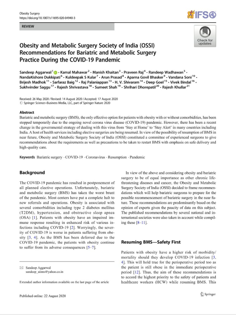 ossi recommendations for bariatric surgery and metabolic surgery due to covid19